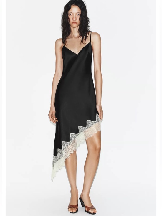 Zara Dresses & Skirts - Zara Black Slip Dress with Cream Lace Asymmetrical Hem